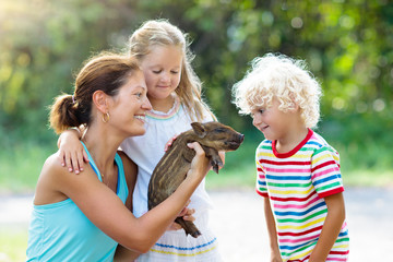 Obraz premium Kids with baby pig animal. Children at farm or zoo