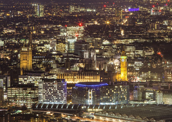 Obraz premium Big Ben and old Central London, aerial view at night
