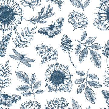 Floral seamless pattern. Linear sketchy style flower elements. Vintage fabric design. 