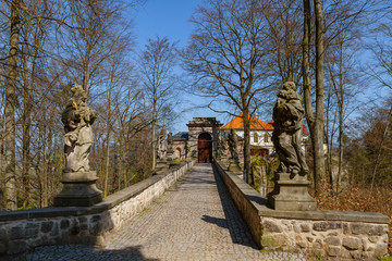 Stone bridge to the Valdstein Castle. Bohemian Paradise, Czech Republic. Summer time.