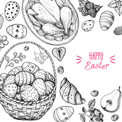 Happy Easter vector illustration. Food hand drawn sketch. Festive collection with Easter food. Engraved illustration. Vintage menu set.