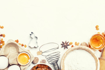 Easter baking ingredients, white food background, top view