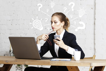 Businessman pressing button idea question gear engineering network internet icon