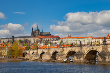 Obraz premium View of Prague castle, over Charles bridge on Vltava river. Prague, Czech Republic.