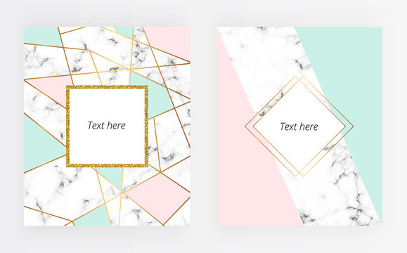 Set abstract marble or stone texture with gold lines and triangles geometric forms with gold and glitter frame. Cream, light blue, pastel pink. Vector trendy geometric posters. 