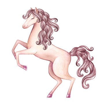 watercolor unicorn illustration, fairy tale creature, cartoon animal clip art, isolated on white background