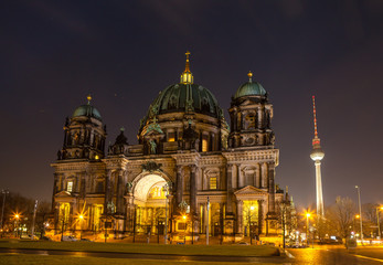 Berliner dom, Berlin, Germany. Night cityscape with traffic.
