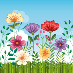 set floral garden scene vector illustration design
