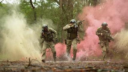 Brave military men in action, slow motion