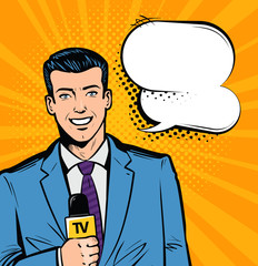 Live report, news, tv concept. Journalist with microphone in hand. Pop art retro comic style. Cartoon vector illustration