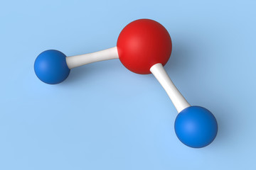 Water or H2O Molecule model isolated on blue background. 3d illustration