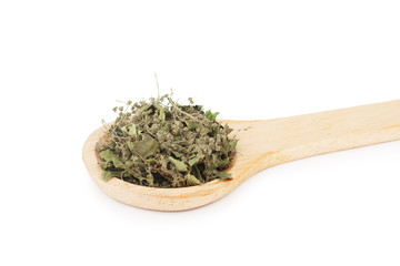 Fototapeta na wymiar Nettle spices and herbs in wooden spoon isolated on white background.