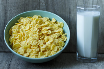 corn flakes are poured into a green plate, and next is a glass of milk, breakfast
