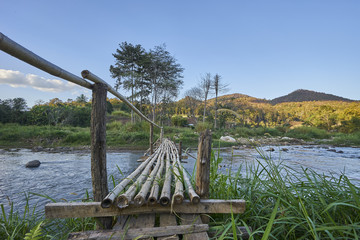 Fototapeta na wymiar Rural River fields and bamboo bridge.