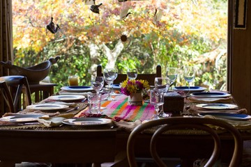 Wooden chairs and table set for family reunion meal on countryside with green and brown trees on the background outside the window