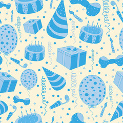 Festive objects for the boy and cake with candles in blue tones on a gentle light background. A cap, confetti, a balloon and a gift with a bow.