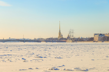 panorama of the Peter and Paul Fortress in St. Petersburg in the winter