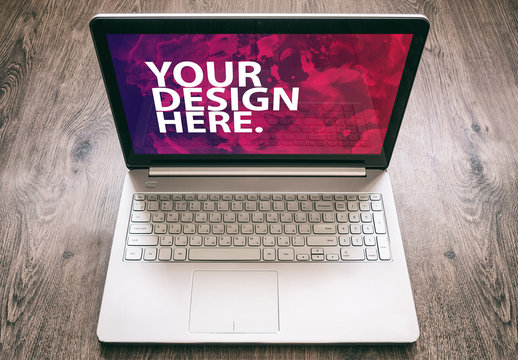 Laptop on Wooden Floor Mockup 2
