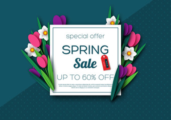 Spring sale background with paper cut tulips and narcissus. Template for banners, flyers, posters, brochures, voucher discount. Vector illustration.