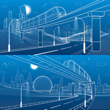 Monorail railway. Trains on bridge. Illuminated highway. Transportation urban illustration set. Skyline modern city at background. Business buildings. White lines on blue background. Vector design art
