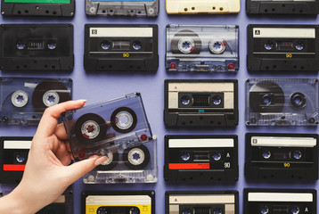 Vintage audio cassettes blue background