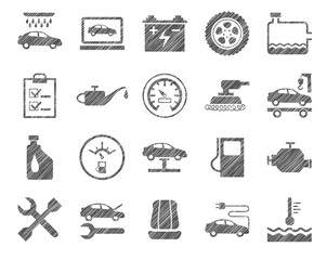 Repair and maintenance of car, one-color icons, shading pencil, vector. The automotive service. One-color, flat icons. Hatching with a gray pencil on a white field. Imitation.  