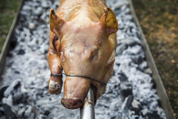 Fototapeta na wymiar A whole pig being roasted on a fire.