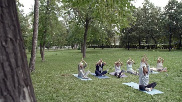 Tilt down shot of six elderly people and their trainer sitting on yoga mats in lotus pose with their hands up