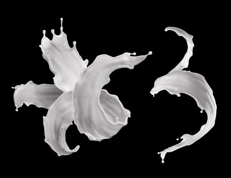 3d render, milk splash, drink clip art, liquid splashing, milky jet, white paint, element isolated on black background