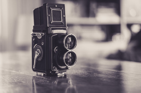 Old photo camera in black and white