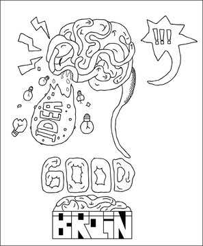 The brain burps the idea, vector image, black and white lettering, a character from the comic book,doodle style