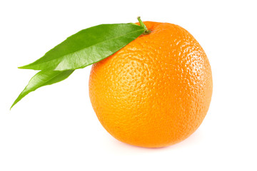 healthy food. orange with green leaf isolated on white background