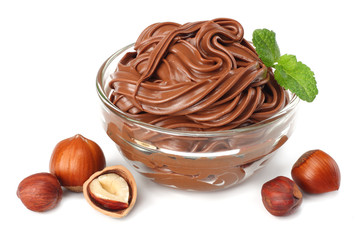 chocolate cream with hazelnut isolated on white background. cream in glass bowl