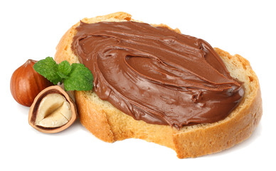 Slice of bread with chocolate cream with hazelnut isolated on white background