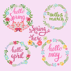 Hand drawn spring wreaths with text Hello spring, march, April, may lettering.