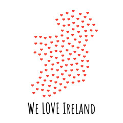 Ireland Map with red hearts- symbol of love. abstract background with text We Love Ireland. vector illustration. Print for t-shirt