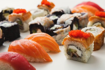 Set of sushi rolls, maki on white background