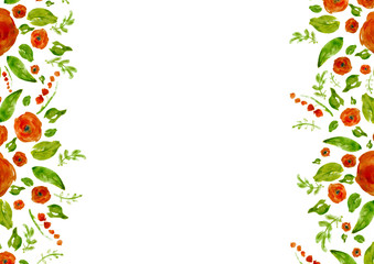 Painted watercolor composition with flowers and leaves. Frame of roses. Floral border. Can be used as invitation card for wedding, birthday, other holiday, summer background, poster, banner.