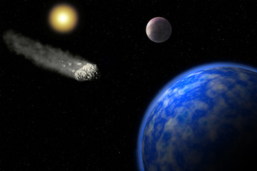 An artistic illustration of a large asteroid approaching Earth's atmosphere above the Pacific Ocean