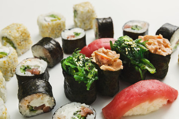 Set of sushi rolls, maki on white background