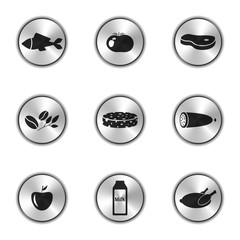 Vector image of food icons in the form of silver buttons