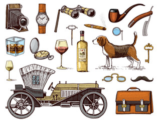 Gentleman accessories hand drawn set. Victorian era. binoculars and camera, briefcase, cufflinks, pouch, ring, sunglasses, fountain pen, wrist watch, retro car, cigars, shaving brush, dog beagle.