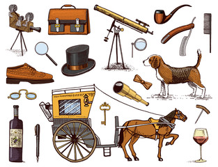Gentleman accessories hand drawn set. Victorian era. binoculars and camera, briefcase, cufflinks, pouch, ring, sunglasses, carriage with horse, wrist watch, brogues, cigars, shaving brush, dog beagle.