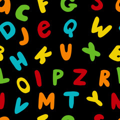 Vector seamless pattern with colorful hand drawn english letters on black background. Doodle font. Children abc