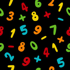 Vector seamless pattern with hand drawn colorful numbers on black background. Doodle font