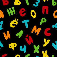 Vector seamless pattern with colorful hand drawn russian cyrillic letters on black background. Doodle font. Children abc