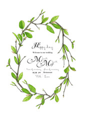 Template for congratulations or invitations to the wedding in green colors. Illustration by markers, beautiful frame wreath of twigs with leaves.