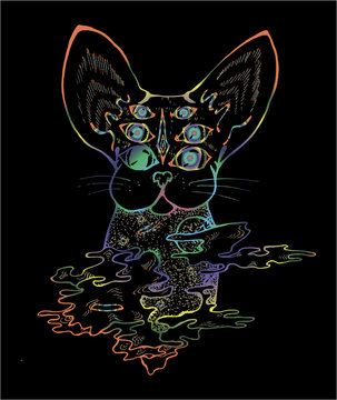 An illustration of a psychodelic cat. Color drawing of a cat.