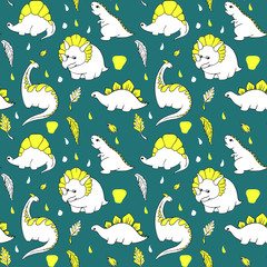 seamless baby pattern with dinosaurs white with yellow on a blue background. Hand-Drawn Vector