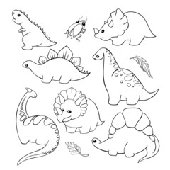 a set of seven funny cartoon dinosaurs for coloring. Black contour on white background. Vector hand drawn